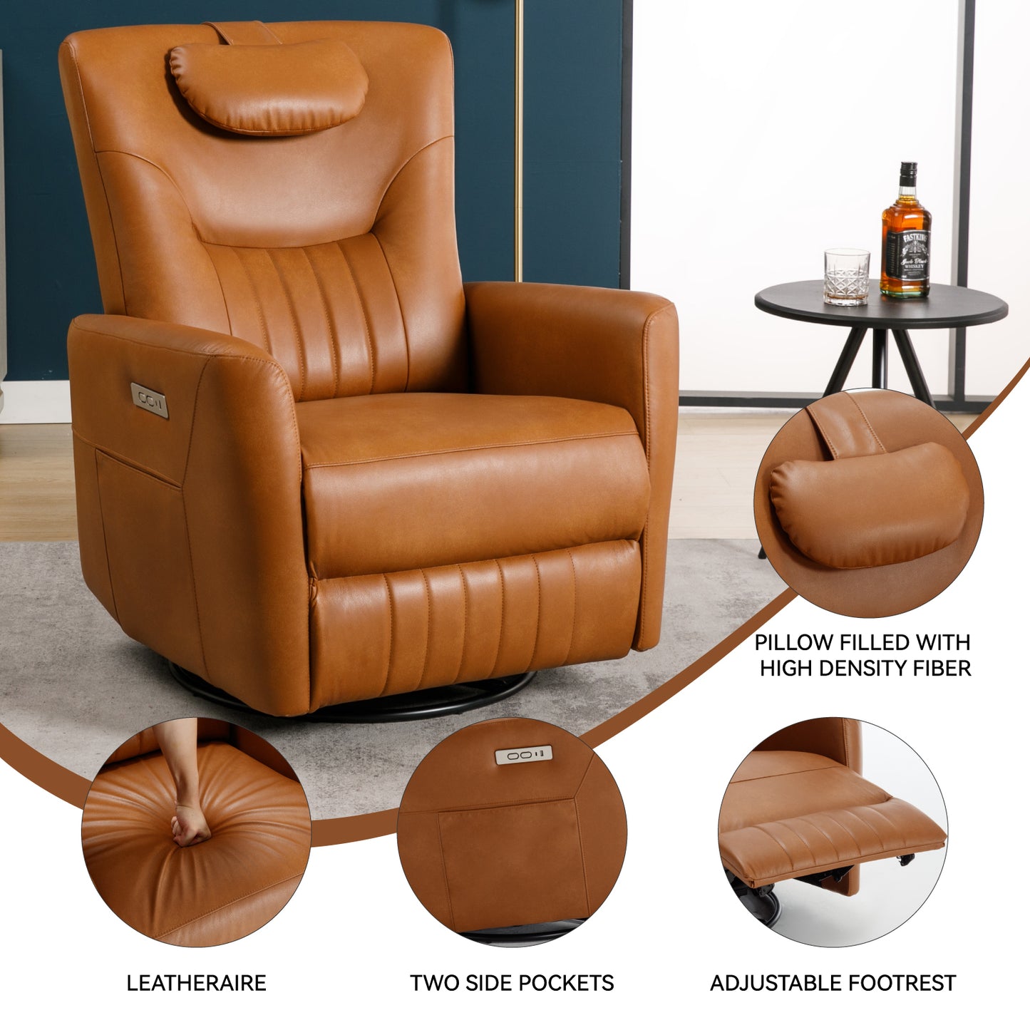 Yellow Brown Leatheraire Swivel and Rocker Power Recliner Chair with Lumbar and Neck Support Pillow, Heavy Duty Motion Mechanism with USB and Type-C