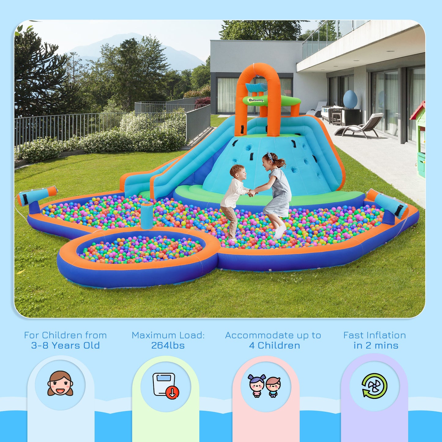 Outsunny Kids Inflatable Water Slide 4-in-1 Bounce House Water Park Jumping Castle with Water Pool, Slide, Climbing Walls, & 2 Water Cannons, 450W Air Blower