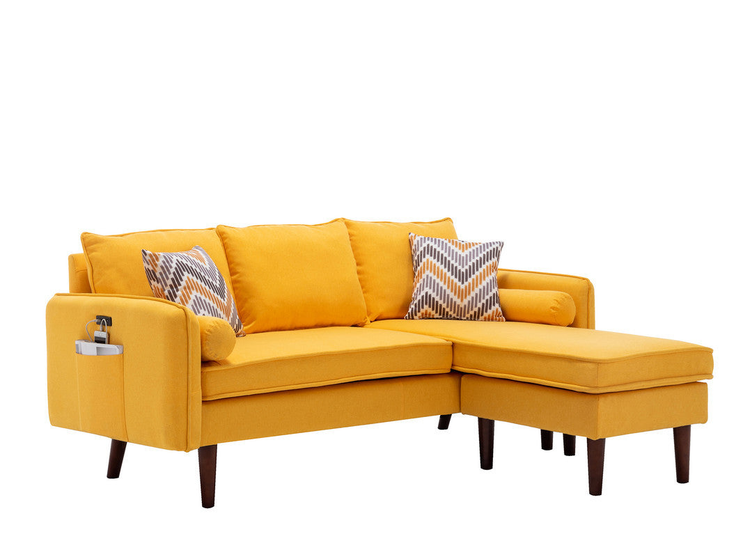 Mia 70" Yellow Sectional Sofa Chaise with USB Charger & Pillows