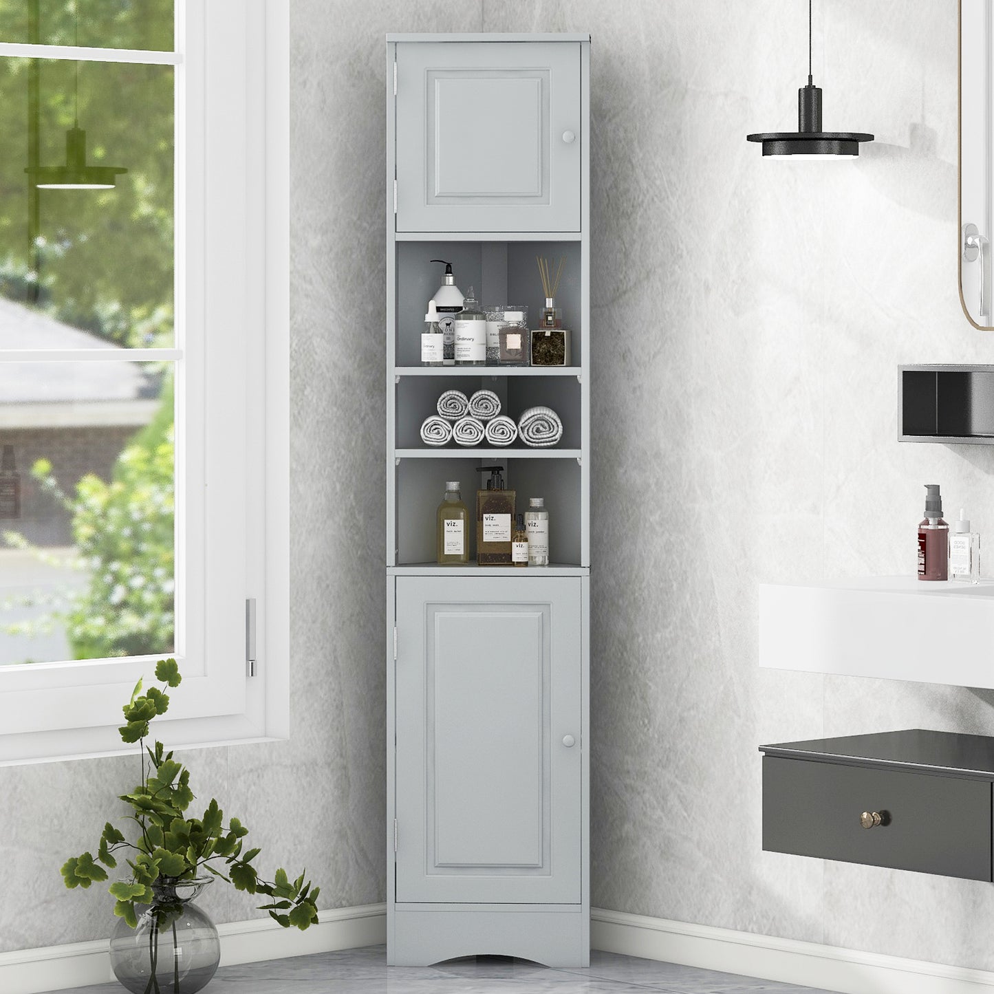 Multi-Functional Corner Cabinet Tall Bathroom Storage Cabinet with Two Doors and Adjustable Shelves, Open Shelf, Grey