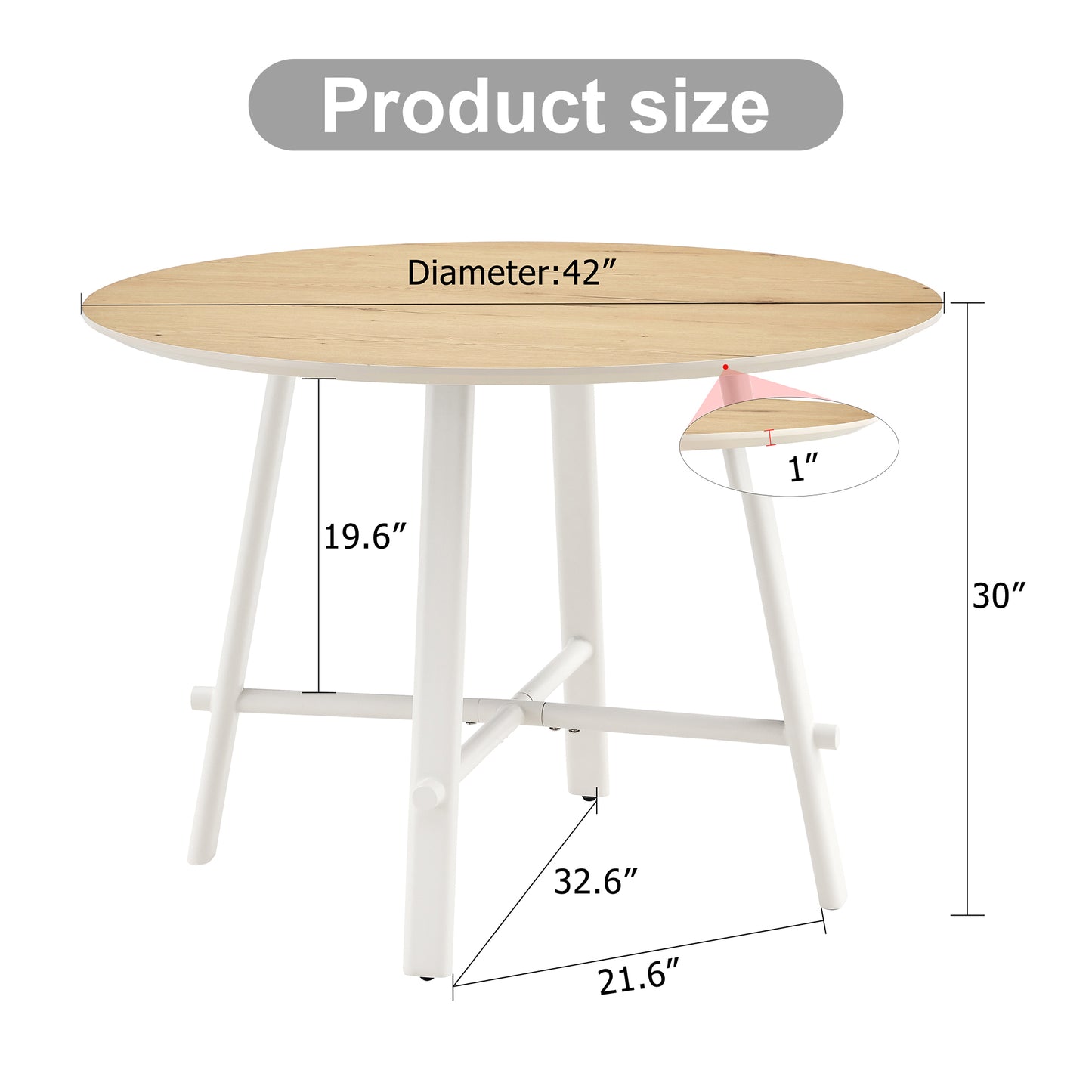 A modern and minimalist circular dining table with a 42 inch diameter wood colorer patterned tabletop and white metal legs. Suitable for restaurants, living rooms, and conference rooms.