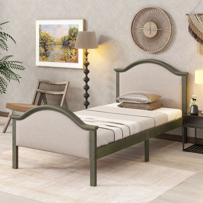 Twin Size Bed Frame with Headboard and Footboard, Upholstered Twin Platform Bed with Strong Wooden Slats Support,Grey