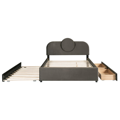 Queen Size Upholstered Platform Bed with Multi-functional Headboard, Trundle and 2 Drawers, Gray