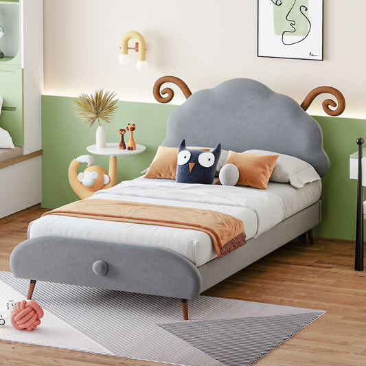 Twin Size Upholstered Platform Bed with Sheep-Shaped Headboard, Gray