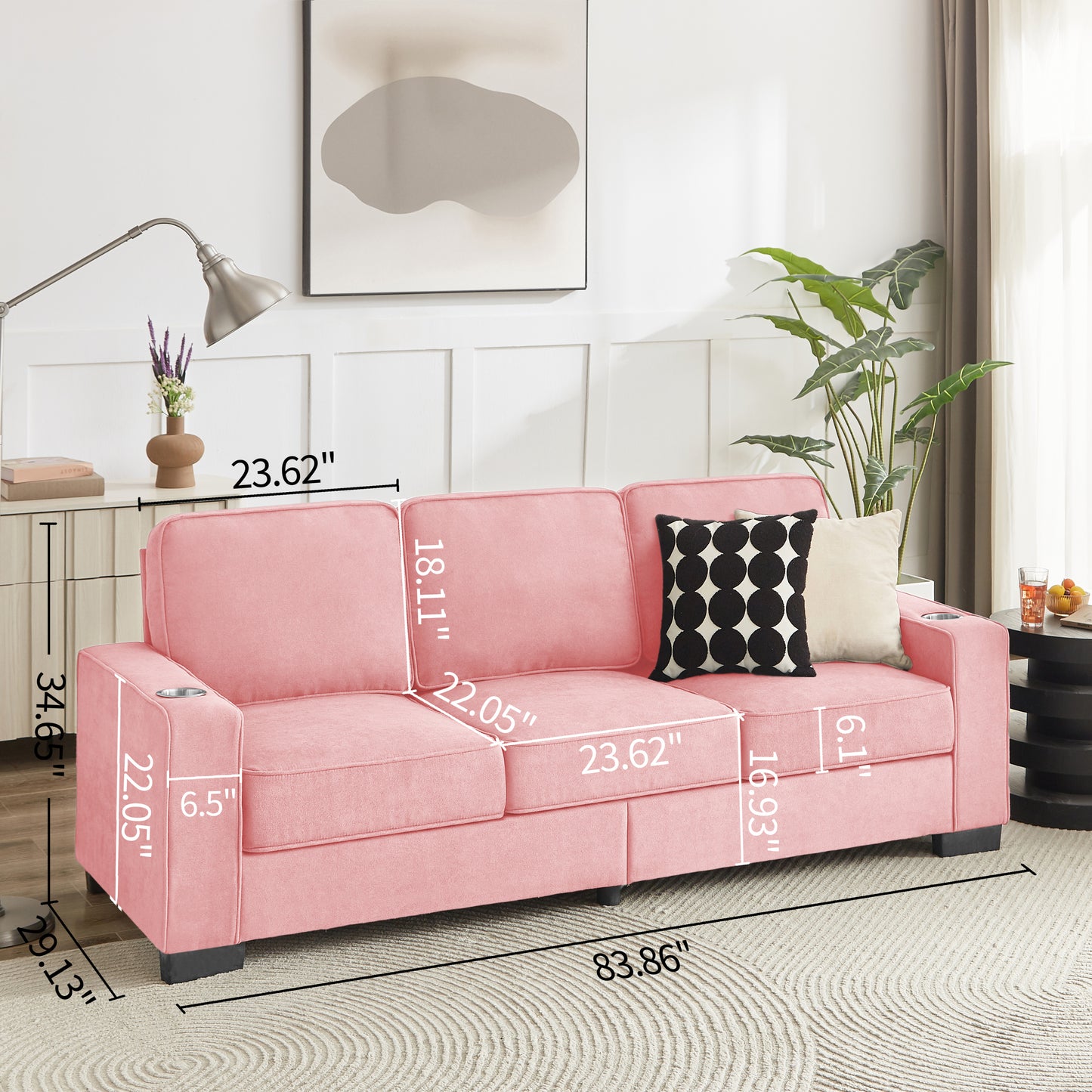 83.86"Snowfleece Fabric sofa,Modern Compressed Couch,3-Seater Sofa, Furniture for Living Room,Bedroom,office ,Pink