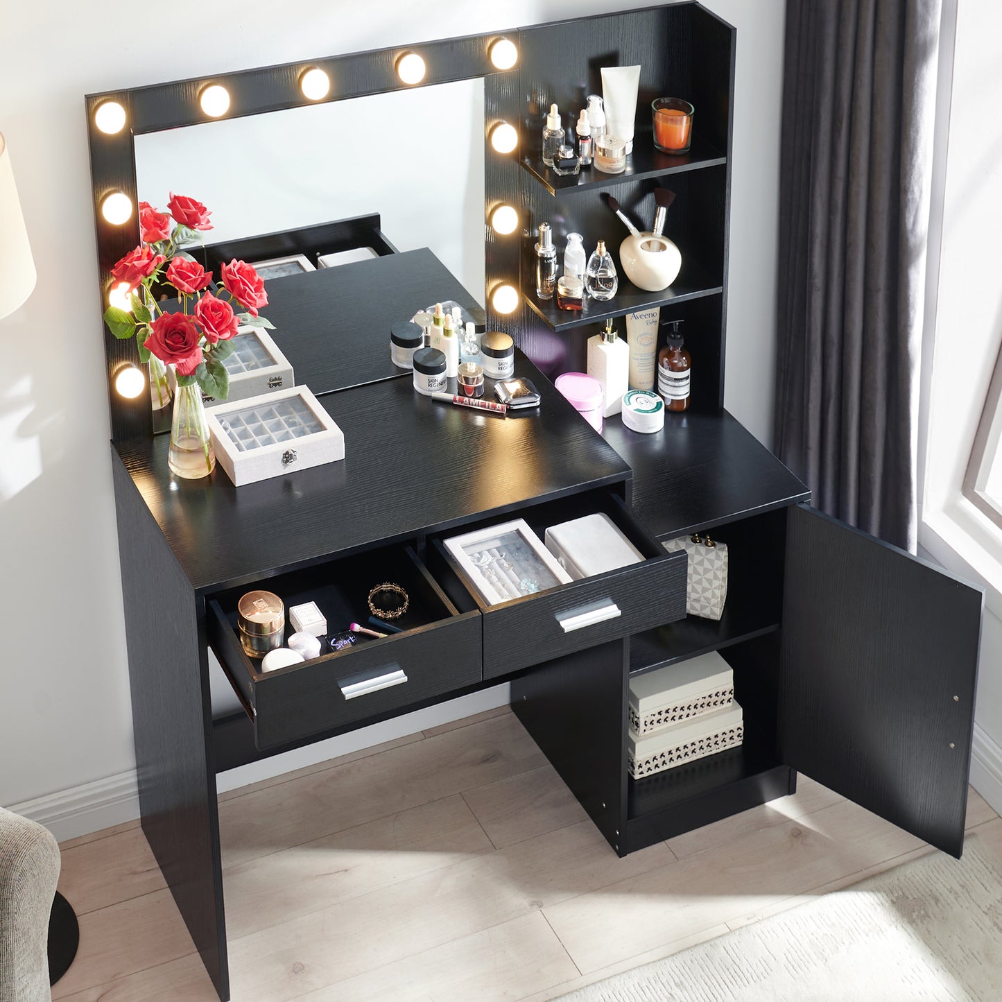 Vanity Desk with Mirror and Lights, 46.4IN Dressing Table with 2 Large Drawer&Large Vertical Organizer, 3 Level Dresser & 3 Lighting Modes Adjustable Brightness, Suitable for Bedroom(Black)