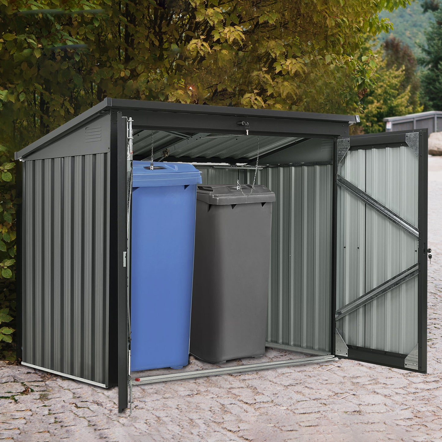 Garbage Bin Shed Stores 2 Trash Cans Metal Outdoor Bin Shed for Garbage Storage,Stainless Galvanized Steel, Bin Shed for Garden Yard Lawn, Black