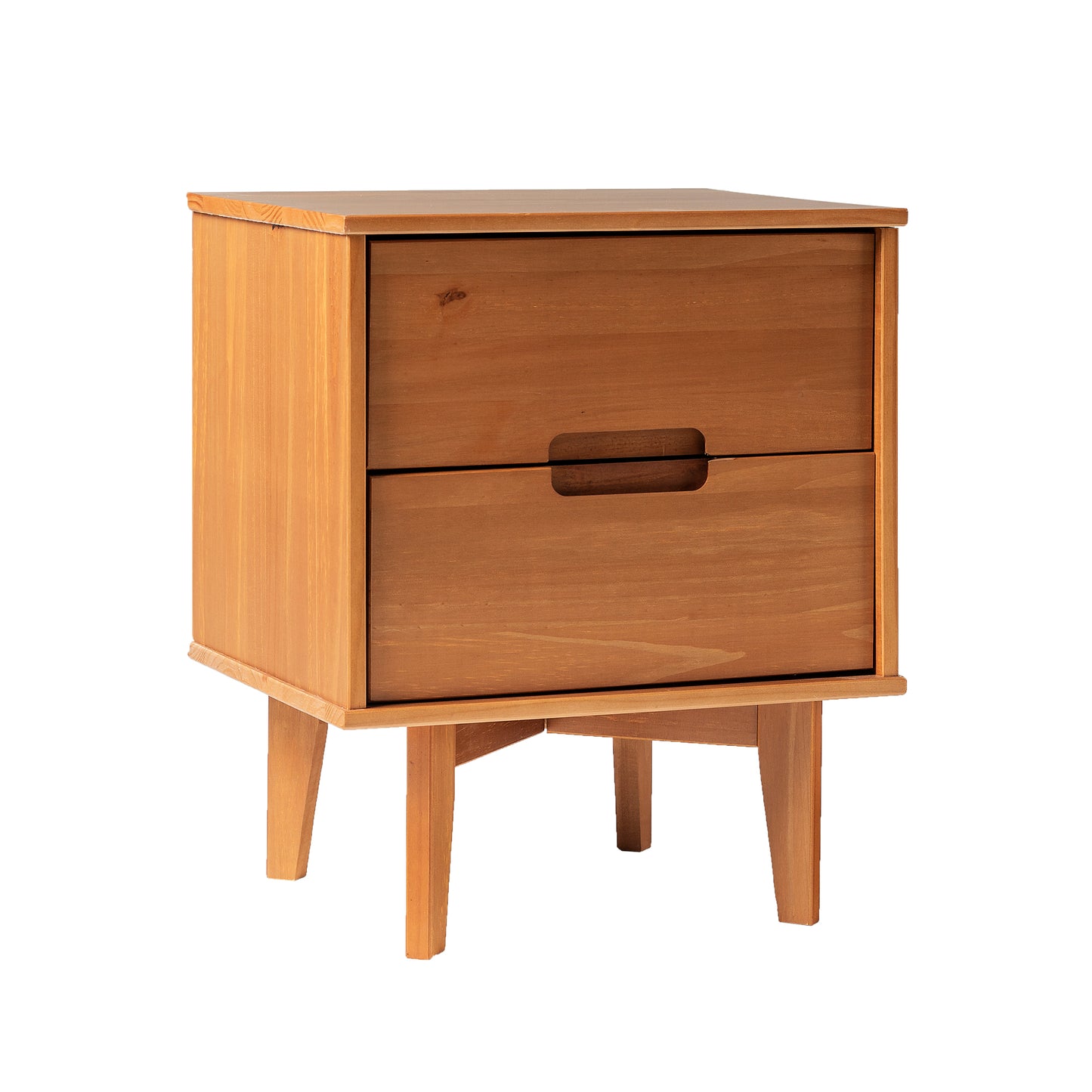 Mid-Century Modern 2-Drawer Solid Wood Nighstand with Cutout Handles - Caramel