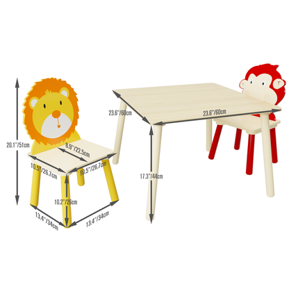 Kids Table and 2 Chairs Set, 3 Pieces Toddler Table and Chair Set, Wooden Activity Play Table Set (Lion&Monkey)