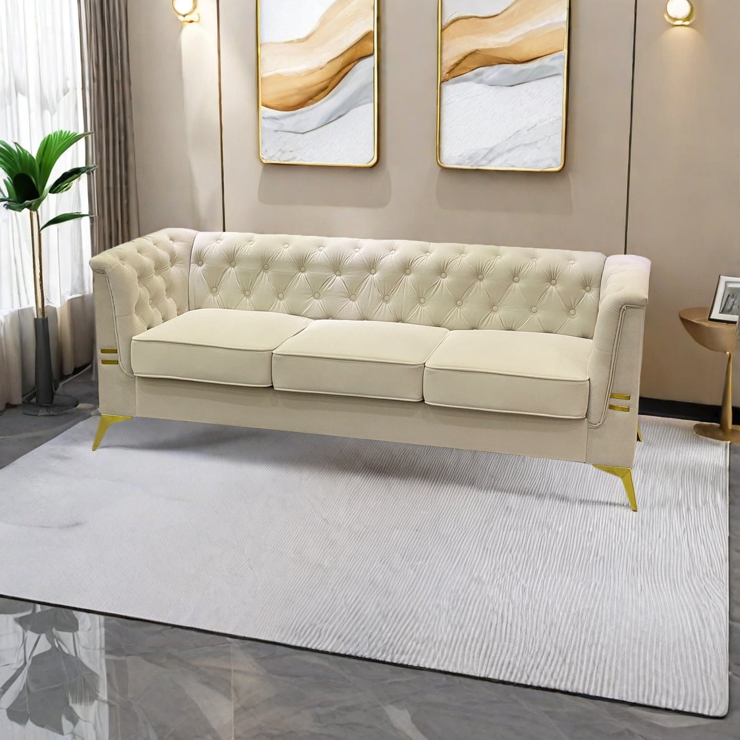 FX-P83-CW (sofa) -Modern Velvet Living Room Chesterfield design 82.7inch Wide Sofa cream white color