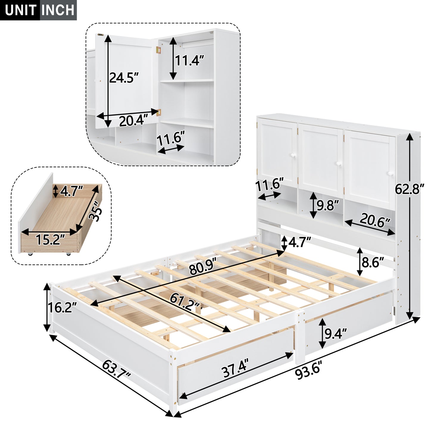 Queen Size Platform Bed with Storage Headboard and 4 Drawers, White