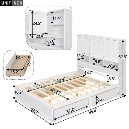 Queen Size Platform Bed with Storage Headboard and 4 Drawers, White