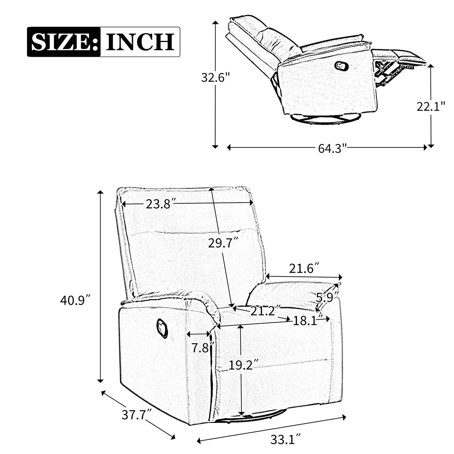 360 Degree Swivel Upholstered Manual Recliner Chair Theater Recliner Sofa Nursery Glider Rocker for Living Room, Grey