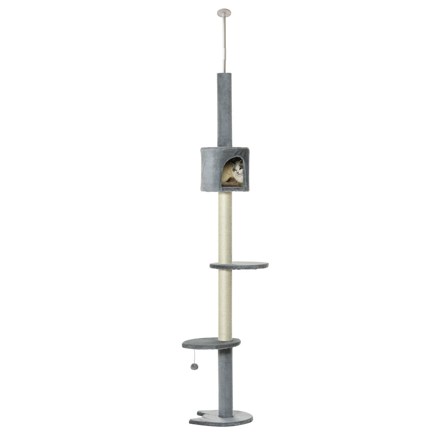 PawHut 85.5" Cat Tree Height Adjustable Floor-to-Ceiling 4-Tier Kitty Climbing Activity Center Condo Cat Toy with Scratching Post Hanging Balls Play Rest Post Pet Furniture Grey