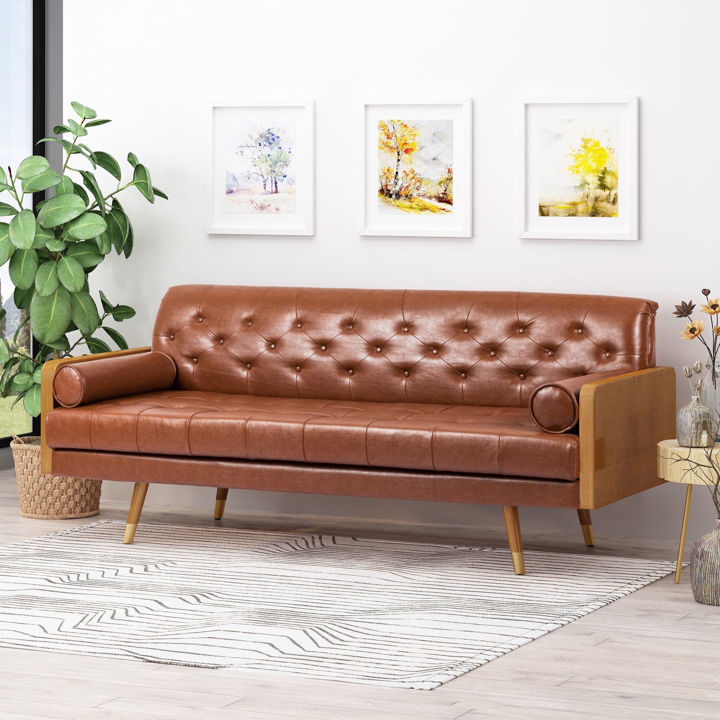 Adelaide Mid-Century Modern Tufted Sofa with Rolled Accent Pillows