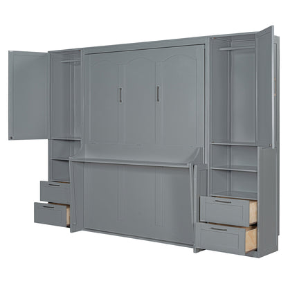 Queen Size Murphy Bed Wall Bed with Closet ,Drawers and Shelves,Gray