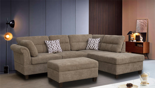 Diego 103.5" Brown Fabric Sectional Sofa with Right Facing Chaise, Storage Ottoman, and 2 Accent Pillows