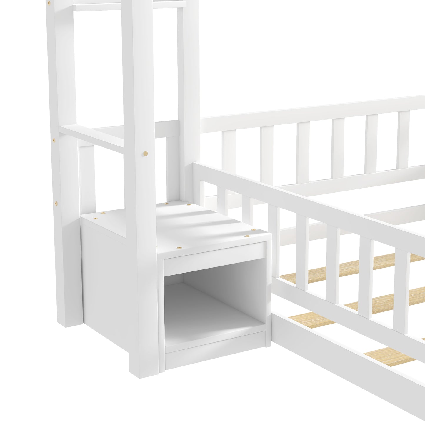 Twin Size House Shape Headboard Floor Bed with Guardrails, Slats Support, Nightstand ,White