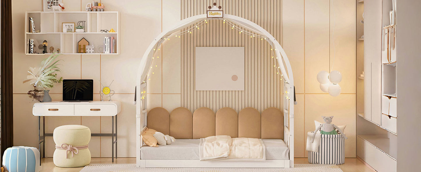 Twin Size Extended Bed With Arched Roof and Trundle, White