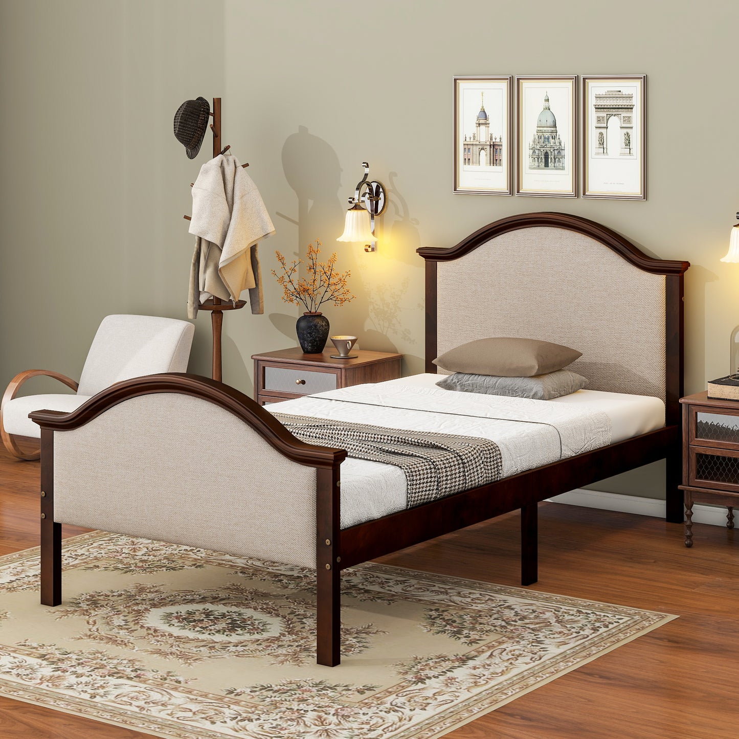 Twin Size Bed Frame with Headboard and Footboard, Upholstered Twin Platform Bed with Strong Wooden Slats Support,Walnut