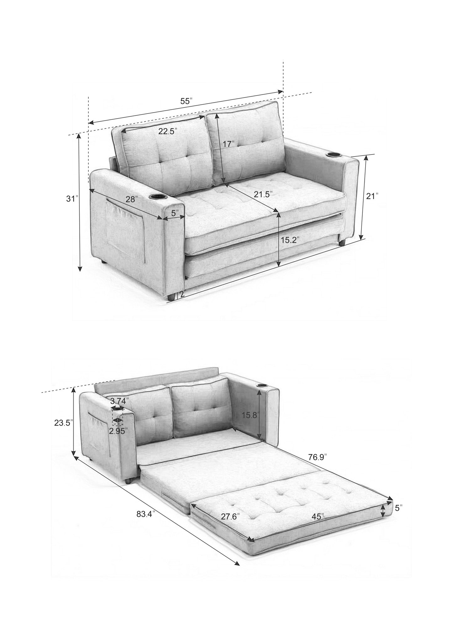 3-in-1 Upholstered Futon Sofa Convertible Sofa bed,Foldable Tufted Loveseat with Pull Out Sleeper Couch Bed,Folding Mattres Love Seat Daybed W/Side Pockets and Cup Holder, Light Gray