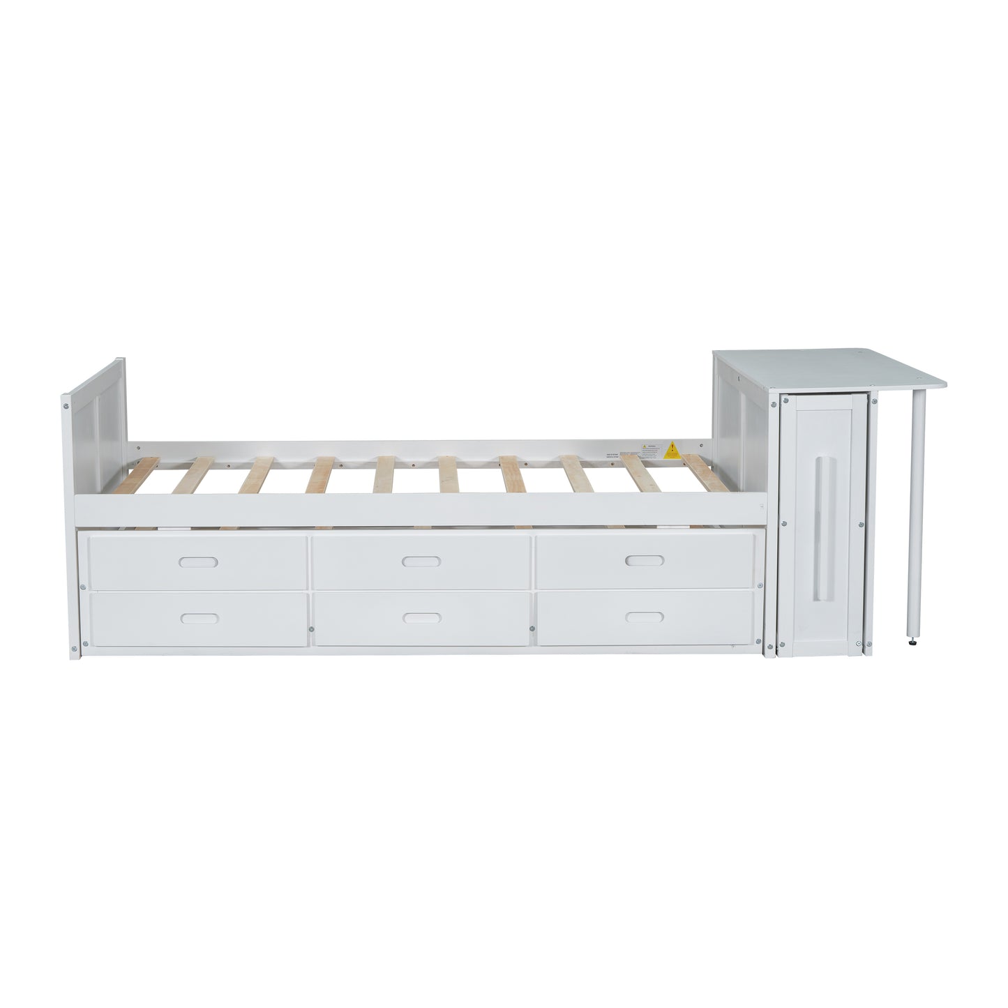 Twin Size Multifunctional Wood Platform Bed with Desk and Storage Shelf at the End of the Bed, Built-in Trundle and 3 Drawers, White