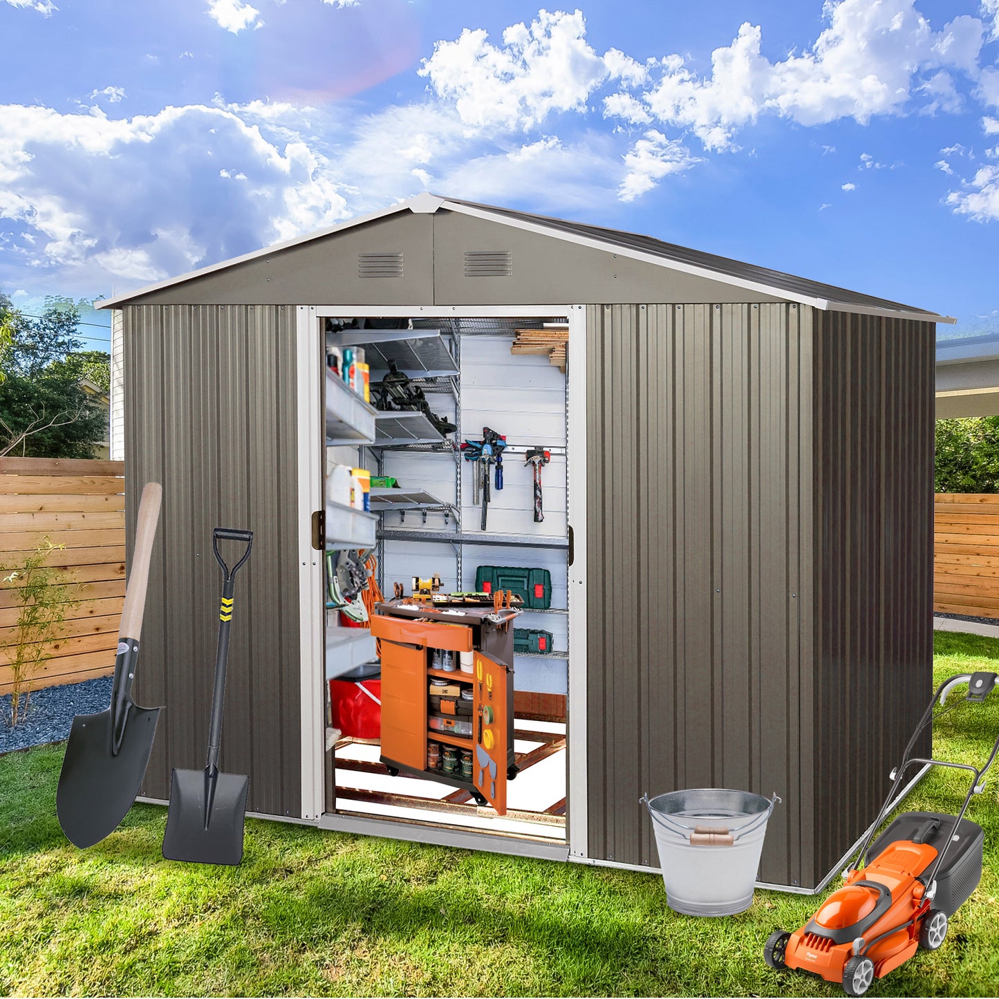 8ft x 6ft Outdoor Metal Storage Shed with Metal foundation,Gray (SKU: W540S00012)