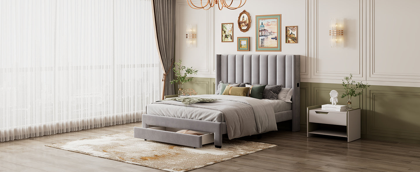 Queen Size Storage Bed Velvet Upholstered Platform Bed with a Big Drawer - Gray