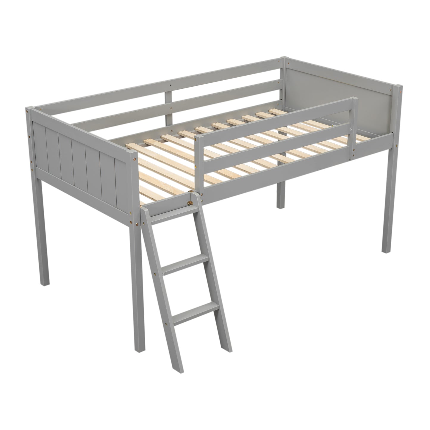 Twin Size Wood Low Loft Bed with Ladder, ladder can be placed on the left or right, Gray