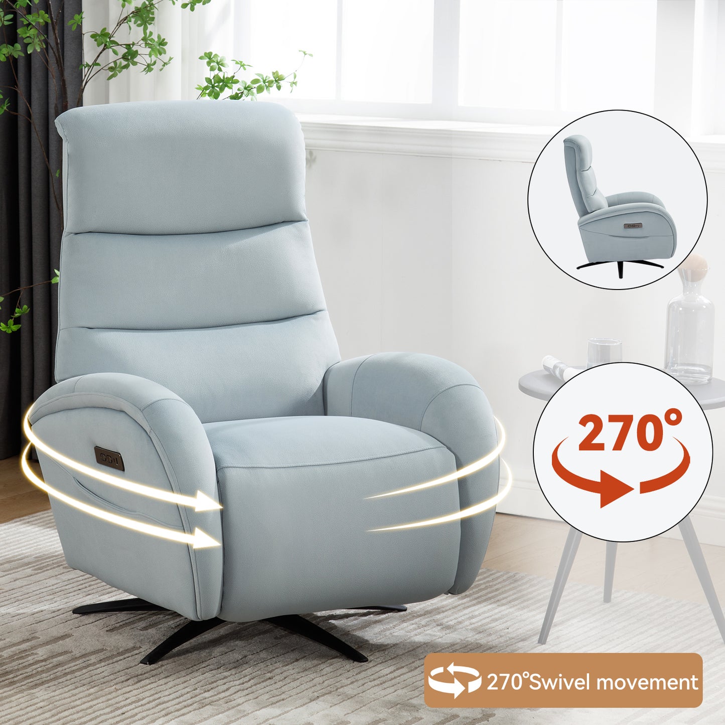 Blue Fabric Dual Motor 270° Swivel Power Recliner Chair With Heavy Duty Motion Mechanism, USB and Type-C Charging Ports.