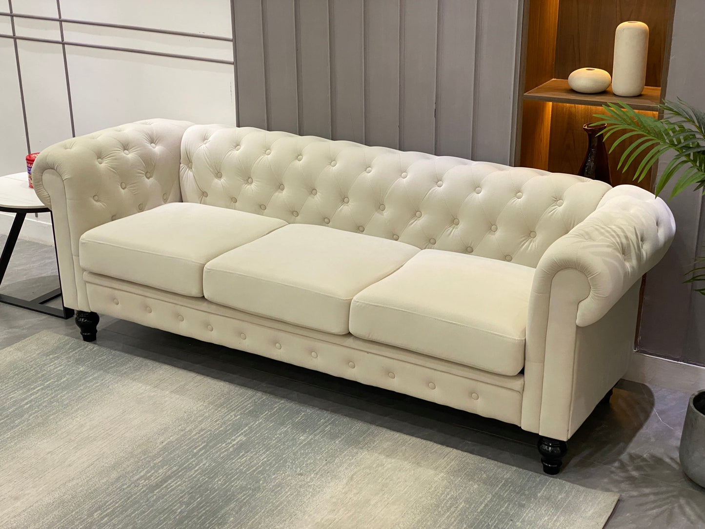 Elegant Beige Chesterfield Sofa - 3-Seater Plush Fabric with Tufted Buttons and Wooden Legs - Classic Design, Comfortable and Durable for Living Room Furniture