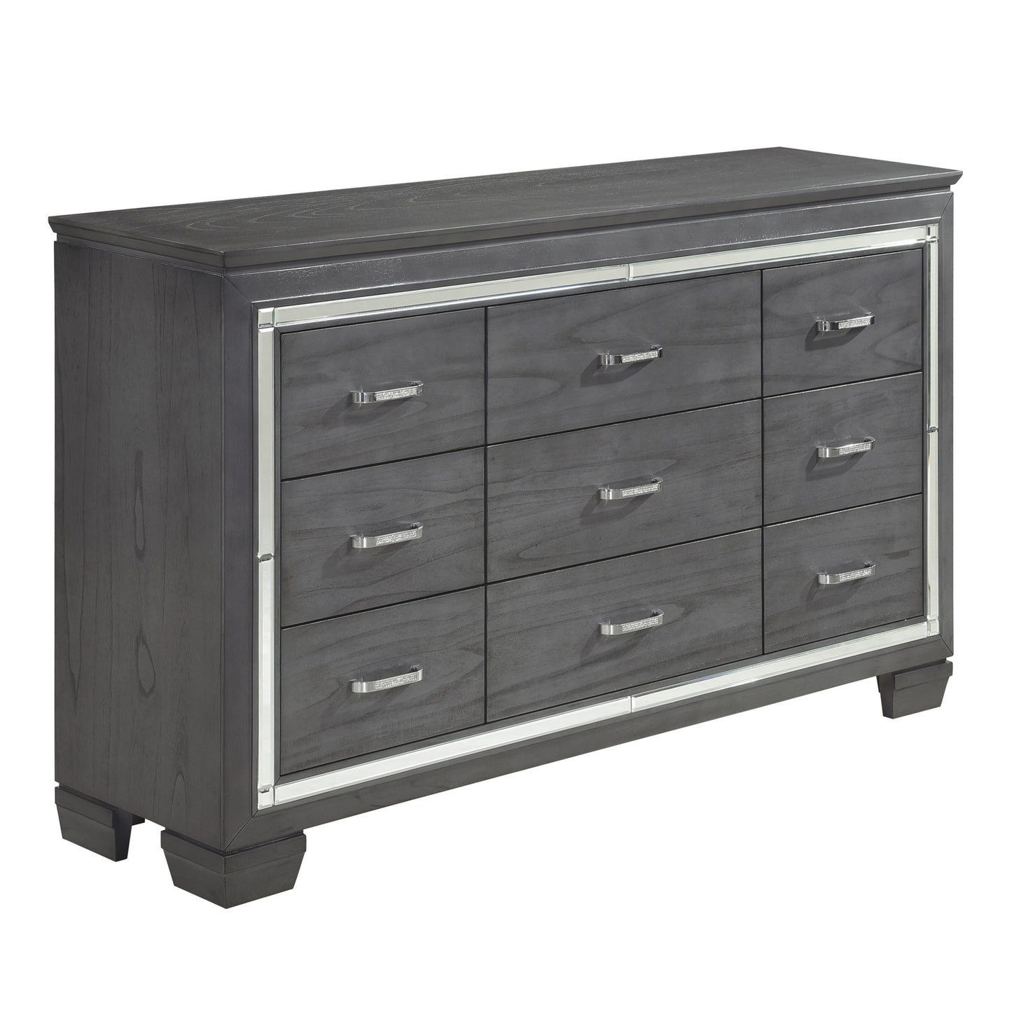 Modern Glam Bedroom Furniture 1pc Dresser of 9 Drawers Gray Finish Beveled Mirror Trim Faux Crystal Drawers Pulls