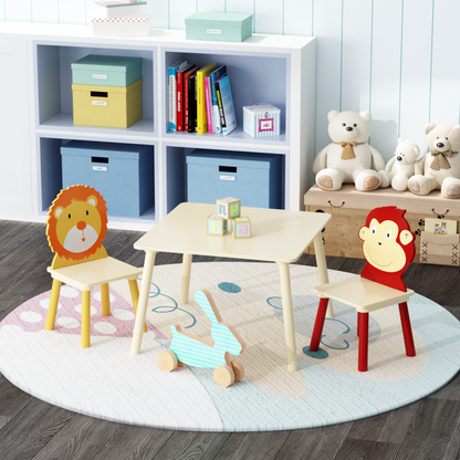 Kids Table and 2 Chairs Set, 3 Pieces Toddler Table and Chair Set, Wooden Activity Play Table Set (Lion&Monkey)