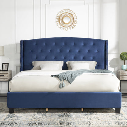 Summit Fabric Button Tufted Wingback Upholstered Bed with Nail Head Trim, Blue