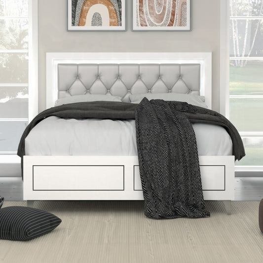 Grey and White Queen Bed with LED Light Padded Headboard