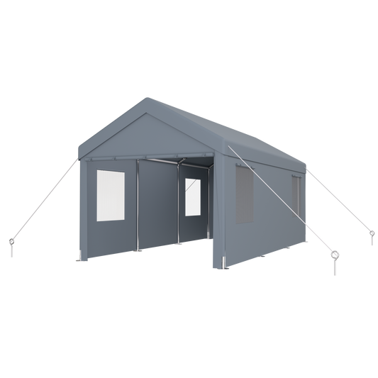 Carport 12' x 20' Portable Garage, Heavy Duty Car Port Canopy with 2 Roll-up Doors & 4 Ventilated Windows for Car, Truck, Boat, Garden Tools,grey