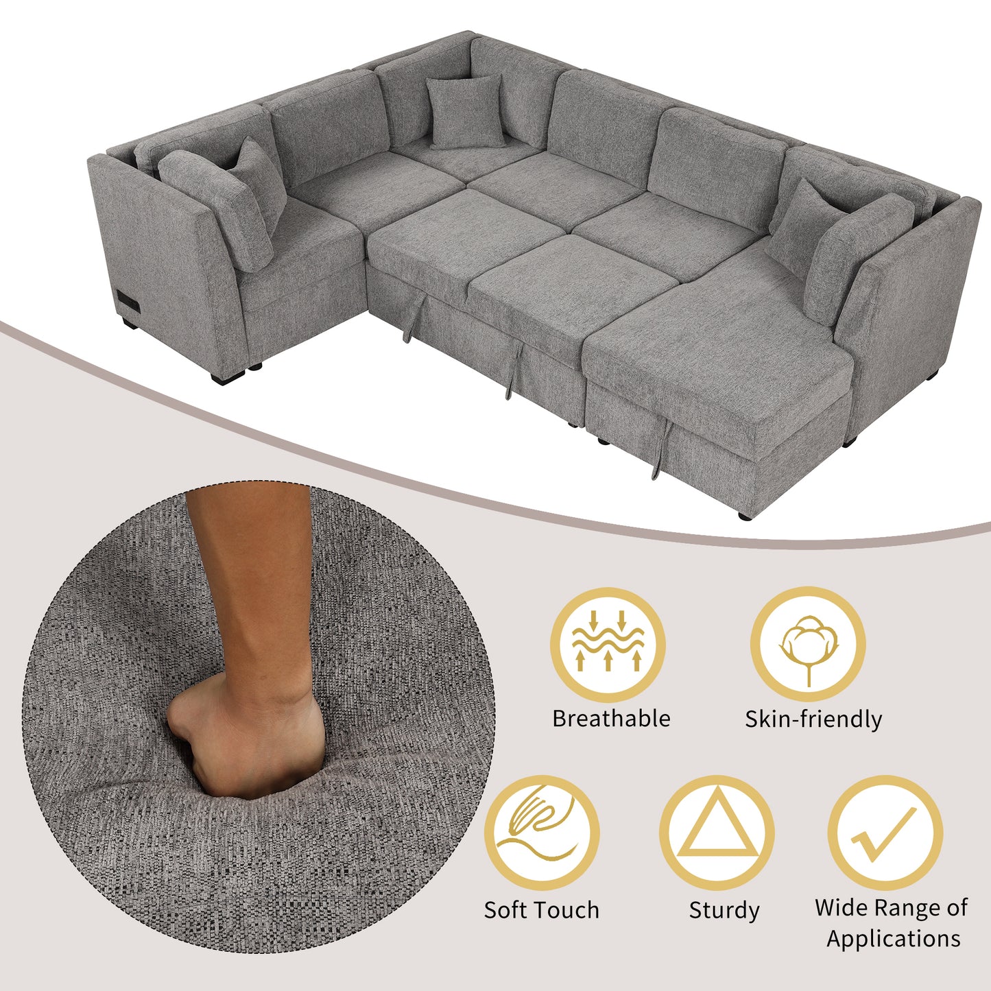 108.6" U-shaped Sectional Sofa Pull out Sofa Bed with Two USB Ports, Two Power Sockets, Three Back Pillows and a Storage Chaise for Living Room, Light Gray