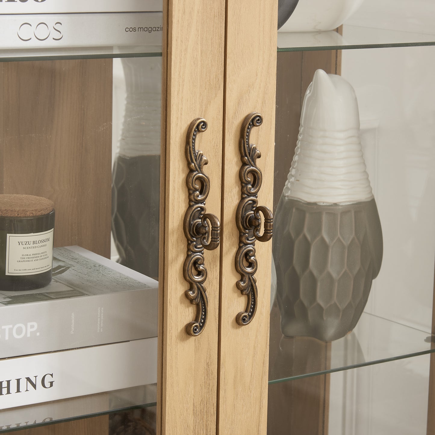 2 Doors Curio Cabinet with Tempered Glass Doors, Curio Cabinets with Mirrored Back Panel and Adjustable Shelves, Lighted Display Cabinet for Home, Office Light Bulb Included OAK