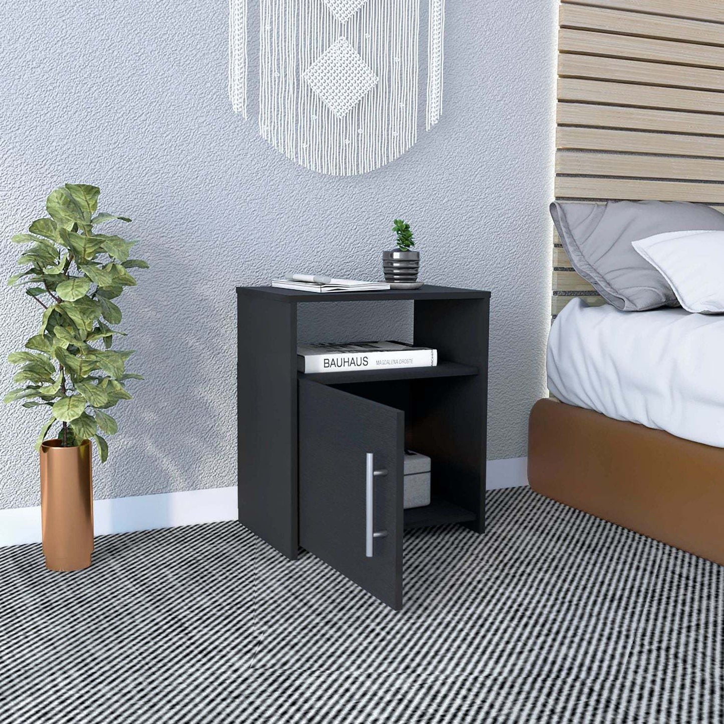 Nightstand, Single Door Cabinet, Metal Handle, One Shelf, Superior Top, Black