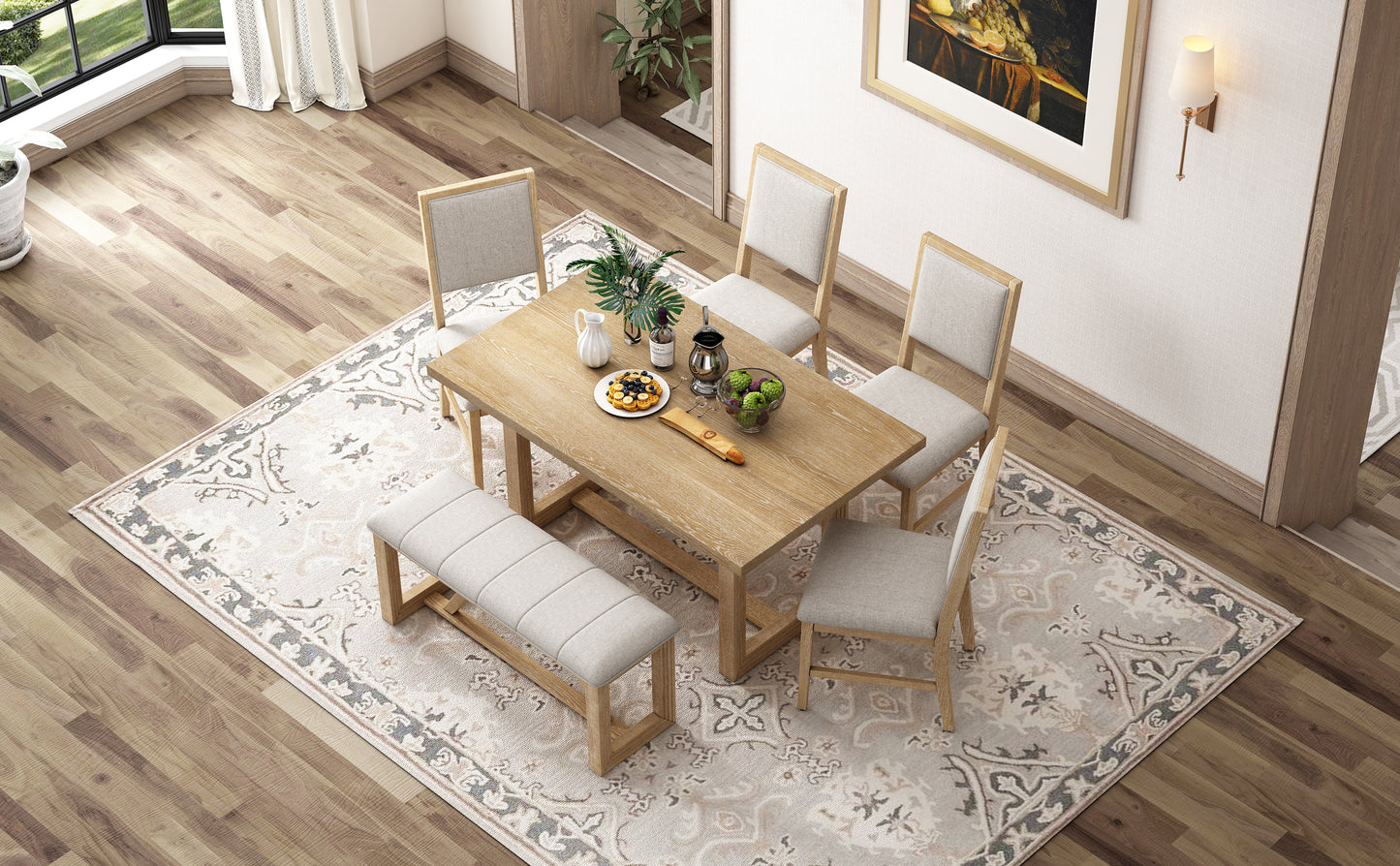 TREXM 6-Piece Retro Dining Set, 1 Rectangular Table with Designed Trestle Base and 4 Upholstered Chairs and 1 Bench for Dining Room and Kitchen (Natural)