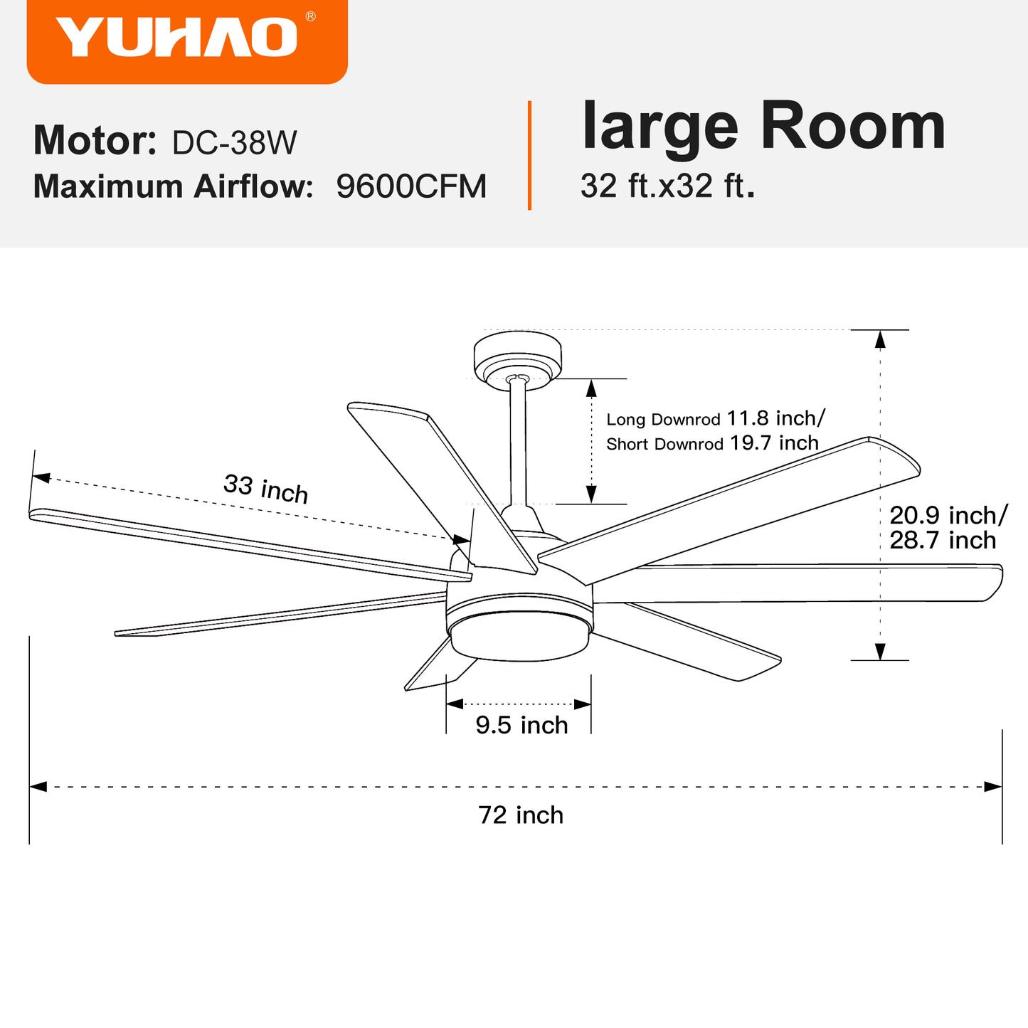 72 In Farmhouse Ceiling Fan with Plywood Blades for Dining Room