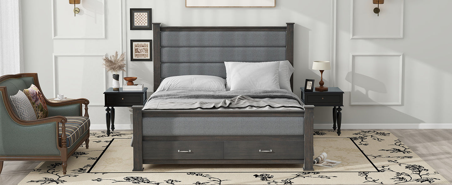 Queen Size Wood Frame Platform Bed with Upholstered Headboard, Footboard and 2 Drawers, Antique Gray