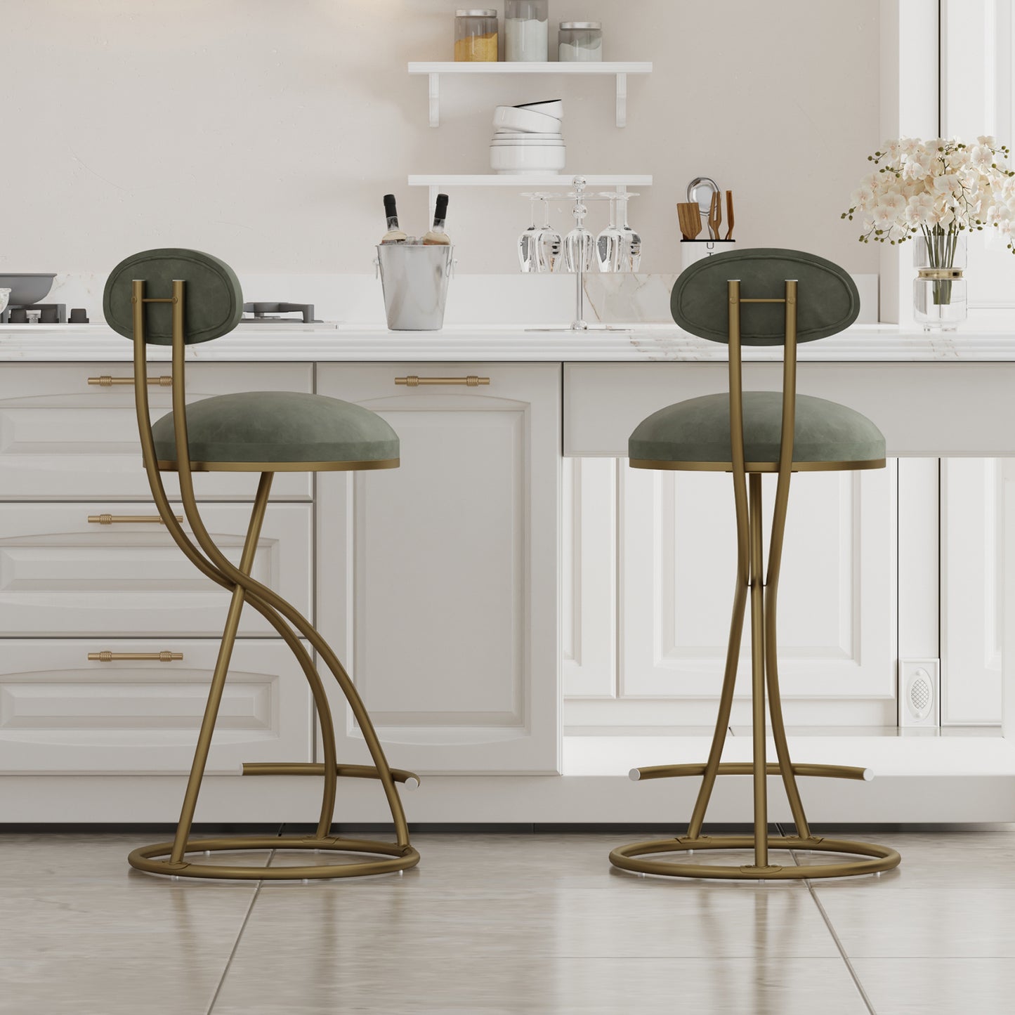 Round Bar Stool Upholstered Dining Stools for Kitchen Counter Set of 2 Modern Dining Chairs with Backrest & Footrest  (Gold & Green)