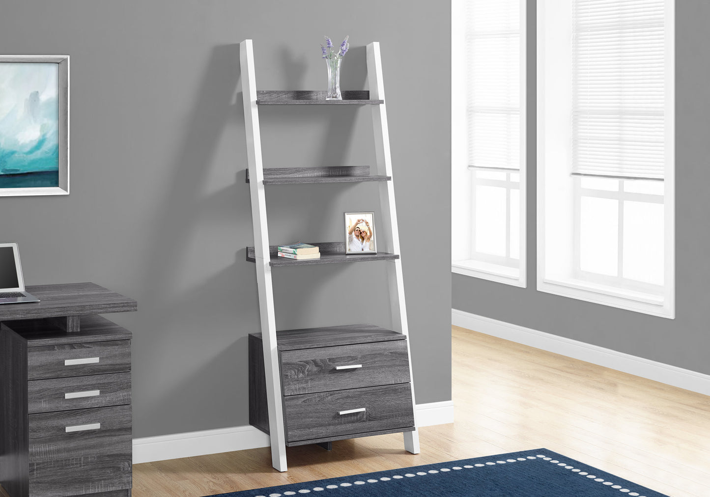 Bookshelf, Bookcase, Etagere, Ladder, 4 Tier, 69"h, Office, Bedroom, Grey And White Laminate, Contemporary, Modern