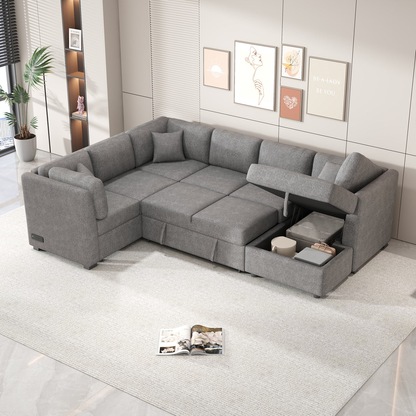 108.6" U-shaped Sectional Sofa Pull out Sofa Bed with Two USB Ports, Two Power Sockets, Three Back Pillows and a Storage Chaise for Living Room, Light Gray