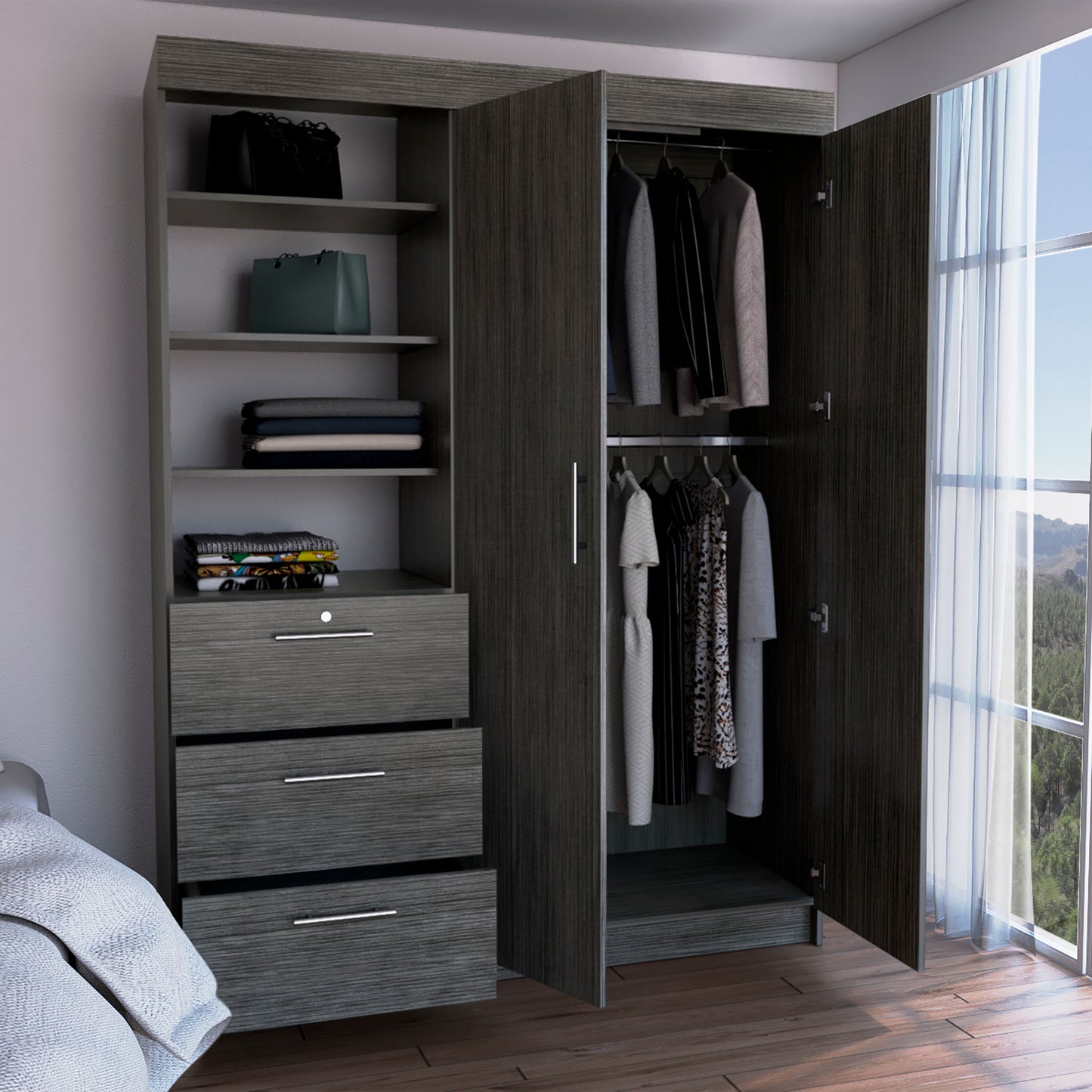 Kenya Armoire with Double Door, Three Drawers, 3-Tier Shelf and double hanging Rod Smokey Oak