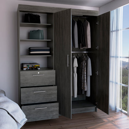 Kenya Armoire with Double Door, Three Drawers, 3-Tier Shelf and double hanging Rod Smokey Oak