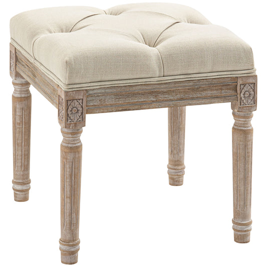 HOMCOM 16' Vintage Ottoman, Tufted Foot Stool with Upholstered Seat, Rustic Wood Legs for Bedroom, Living Room, Beige