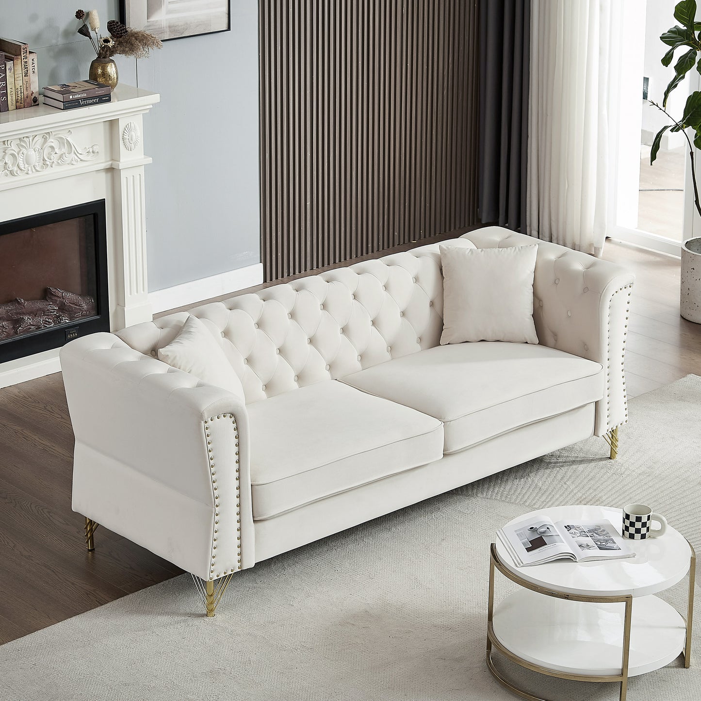 3-seater Combination Sofa Tufted Couch with Rolled Arms and Nailhead for Living Room, Bedroom, Office, Apartment, four pillows