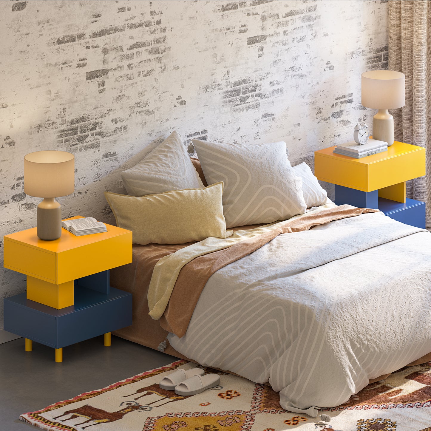 Modern Nightstand End Side Table with Large Storage Space Bedside Table for Bedroom Living Room and Playroom Yellow & Blue